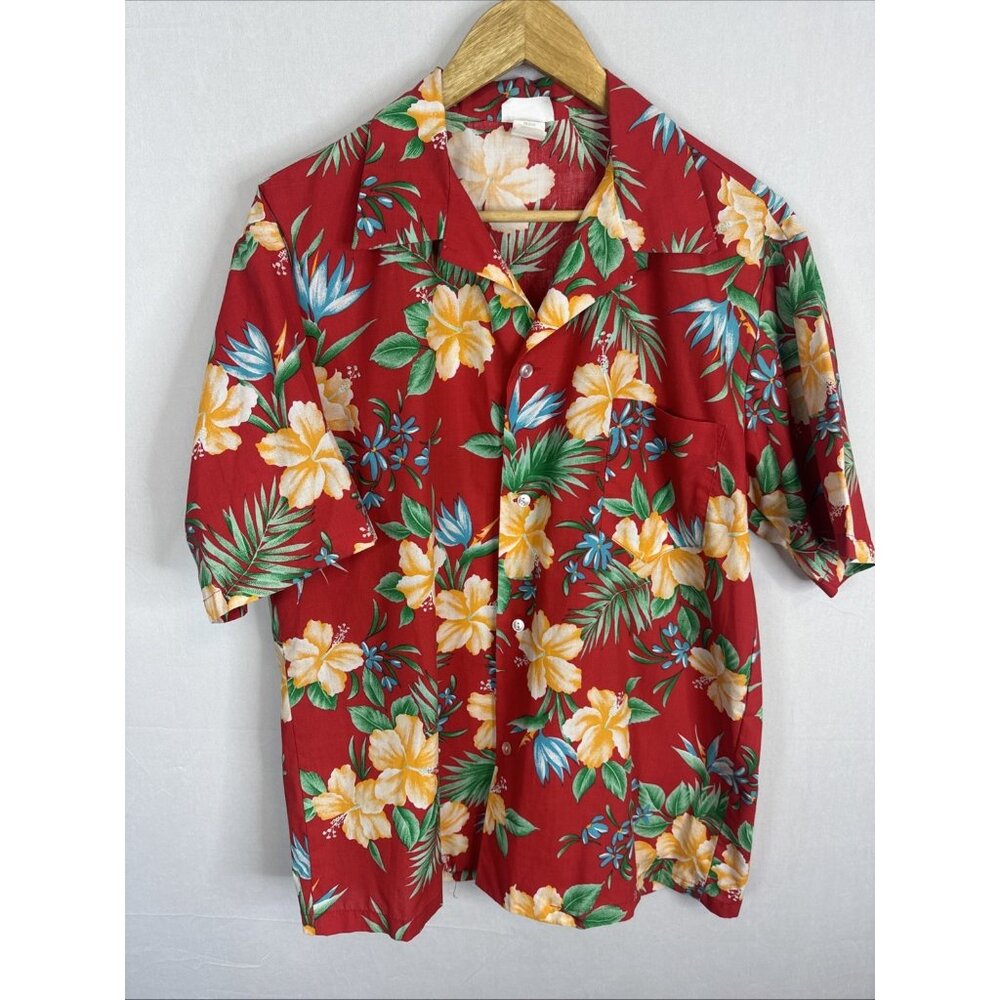 Vintage Aikane Hawaii Red Floral‎ Hawaiian Shirt Men’s L Hibiscus Aloha